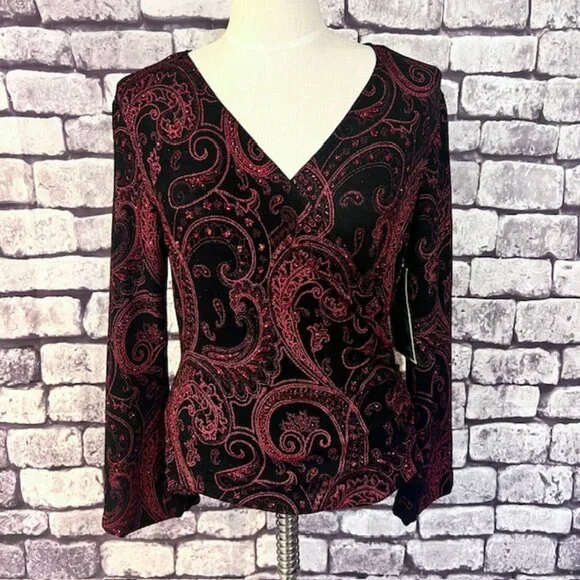 トップス MsK MSK | Tops | Msk Red Black Wrap Style Top Size Large | Poshmark